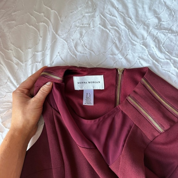 Donna Morgan Rich Burgundy Midi Dress Gold Zipper Detail and Mesh Neckline - Picture 7 of 9